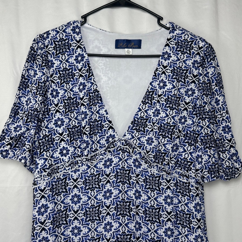 Blue Rain Maevyn Blue White Tile Print V-Neck Tiered Mini Dress Womens XL Boho